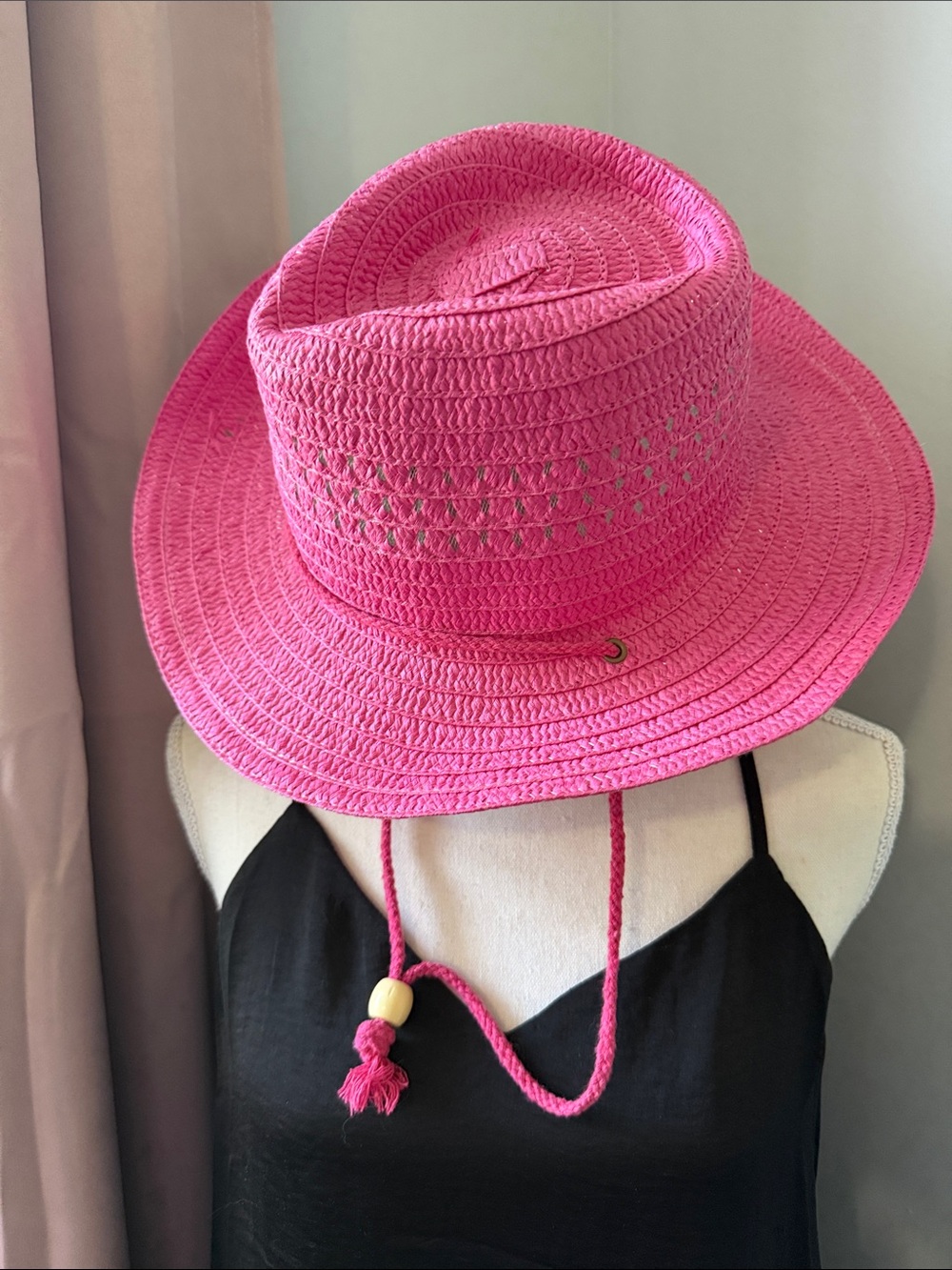 Pink Straw Sun Hat with Adjustable Chin Cord - Women